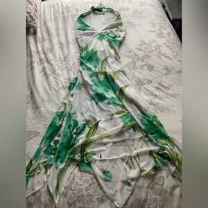 Y2K White Green Floral Halter Asymmetric Hem Midi Dress Small Fairycore Mermaid